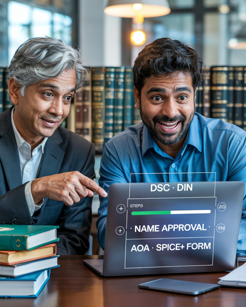 A laptop screen showing a visual progress bar with steps: DSC → DIN → Name Approval → MOA → AOA → SPICe+ Form. A legal advisor sits next to an excited Indian entrepreneur pointing at the screen. Futuristic UI feel, warm lighting, office setting with Indian legal books.
