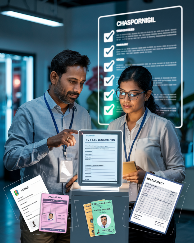 A laptop screen showing a visual progress bar with steps: DSC → DIN → Name Approval → MOA → AOA → SPICe+ Form. A legal advisor sits next to an excited Indian entrepreneur pointing at the screen. Futuristic UI feel, warm lighting, office setting with Indian legal books.